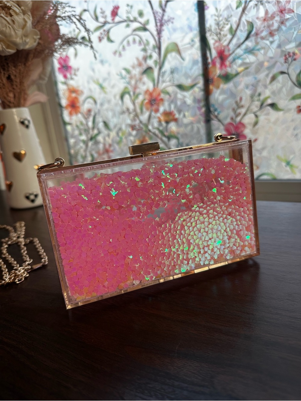 Floating Heart Acrylic Clutch Pink Iridescent Box Bag Gold Chain